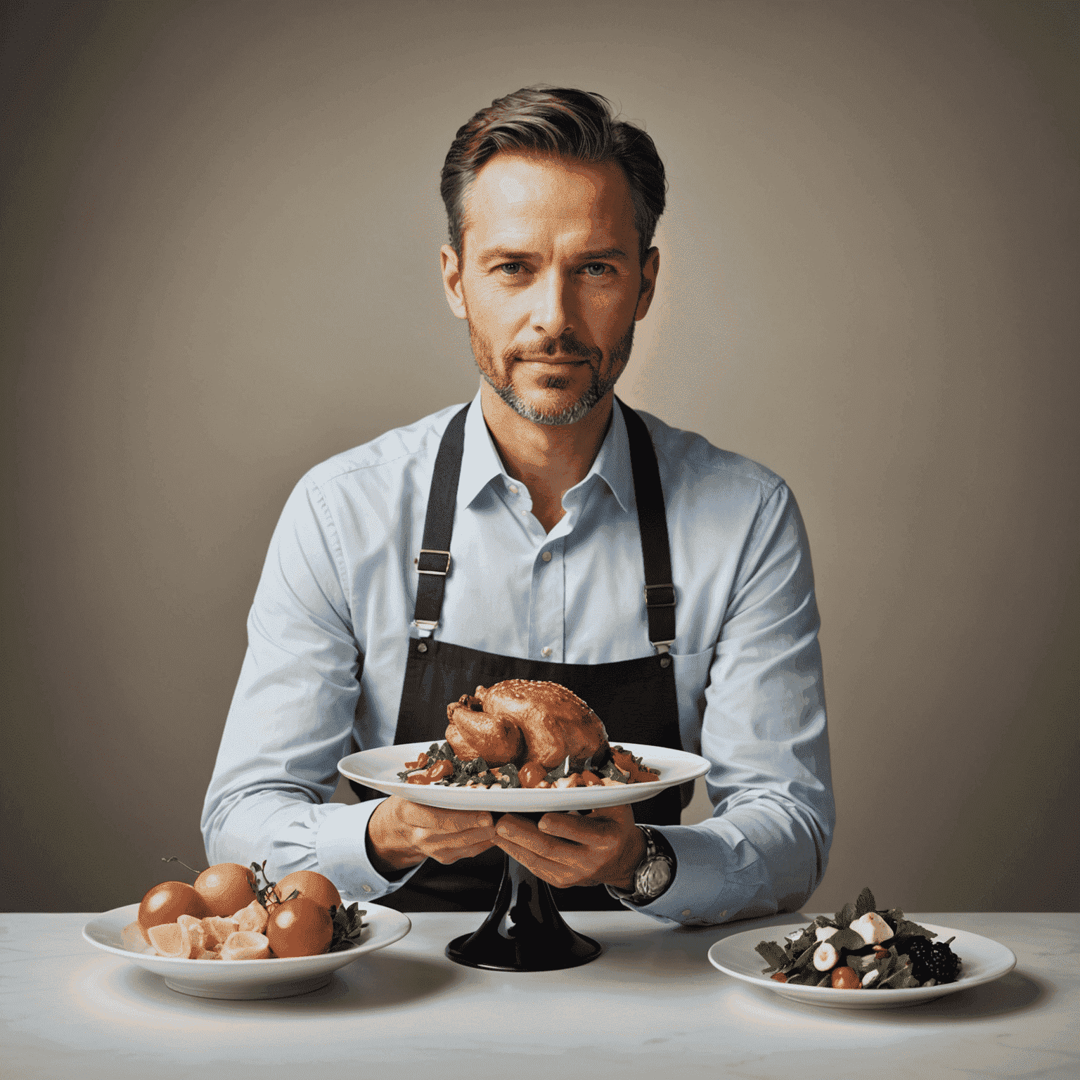 Nagy Péter, food stylist és fotográfus. Elegáns férfi fényképezőgéppel, egy szépen tálalt étel mellett.